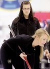 TREVOR HAGAN / WINNIPEG FREE PRESS
Kate Cameron, 18, watches her shot as Nicole Sigvaldason, 19, sweeps at practice for provincials.