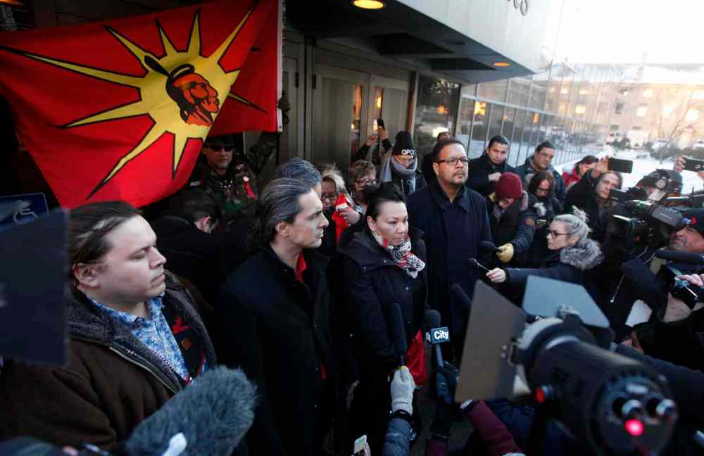 PHIL HOSSACK / WINNIPEG FREE PRESS
Left to Right, SCO Grand Chief Jerry Daniels, AMC Grand Chief Arlen Dumas, MKO Grand Chief Sheila North, and Regional AFN Chief Kevin Hart face the media outside the Winnipeg Courthouse Thursday after Raymond Cormier was found not guilty in the death of Tina Fontaine.