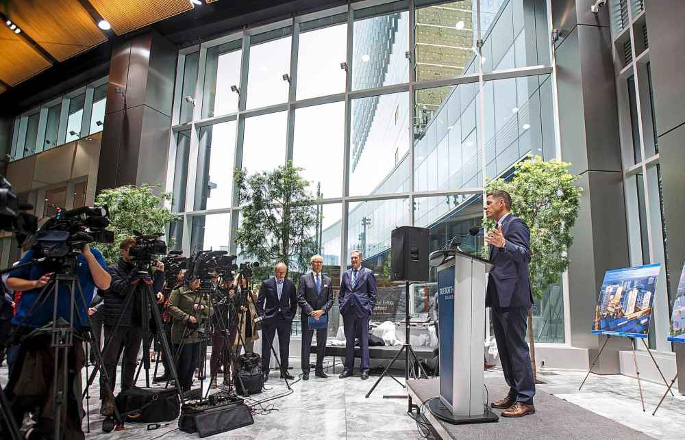 MIKE DEAL / WINNIPEG FREE PRESS
Mayor Brian Bowman speaks to the press at the official opening of True North Square plaza.