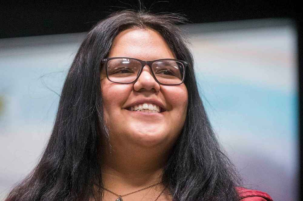 MIKAELA MACKENZIE / WINNIPEG FREE PRESS
Student Ayla Laforte,talks about the Build From Within.