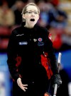 CP
Ontario skip Krista McCarville instructs her sweepers playing against Nova Scotia on Thursday. Ontario won 7-3.