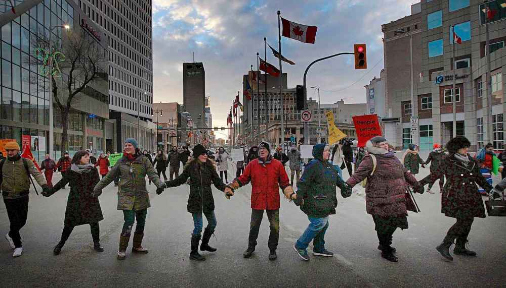 Protestors stopped traffic with a round dance at Portage and Main in Winnipeg in January 2019. (PHIL HOSSACK / WINNIPEG FREE PRESS FILES)