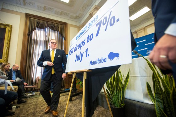 Mikaela MacKenzie / Winnipeg Free PressFinance Minister Scott Fielding speaks to the media about the 2019 budget in Winnipeg on Thursday,  during which he announced a seven per cent provincial sales tax by July 1.