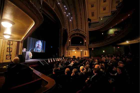 JOHN WOODS / WINNIPEG FREE PRESSKent Turner, brother of Randy Turner, speaks at a Celebration of Life for the Winnipeg Free Press writer at the Burton Cummings Theatre in Winnipeg Monday.