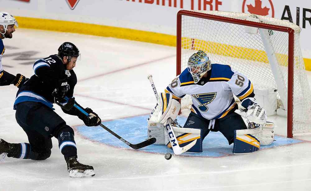 Jordan Binnington has a .926 save percentage so far in the series. (Phil Hossack / Winnipeg Free Press)