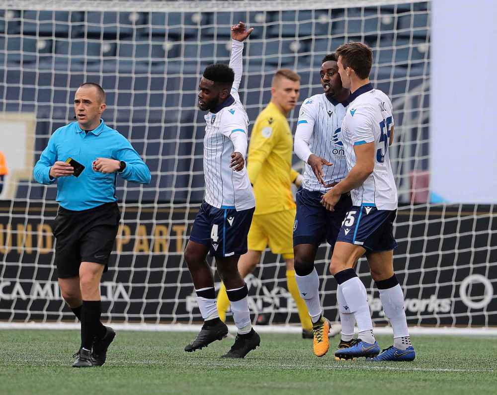 TREVOR HAGAN / WINNIPEG FREE PRESS
FC Edmonton's Mele Temguia (8) after scoring against Valour FC goalkeeper, Tyson Farago (yellow) looks on.
