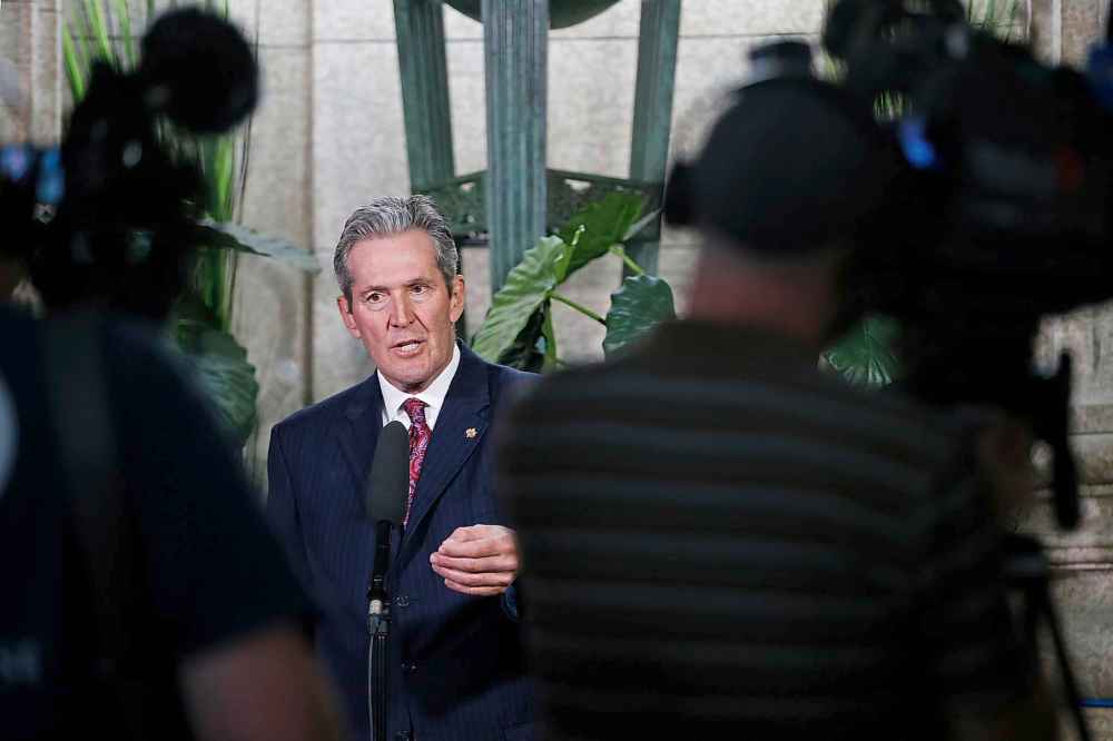 JOHN WOODS / WINNIPEG FREE PRESS
Premier Brian Pallister talks to media about the Planning, Zoning and Permitting in Manitoba report which was release today at the legislature in Winnipeg Monday.