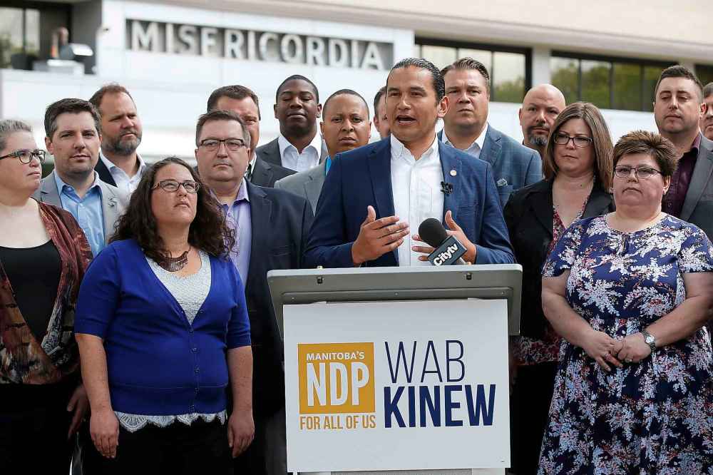 JOHN WOODS / WINNIPEG FREE PRESS
JOHN WOODS / WINNIPEG FREE PRESS
Wab Kinew, Manitoba NDP leader, meets with his candidates and the media for a pre-election press conference outside the Misericordia Health Centre in Winnipeg Sunday, June 23, 2019.
Reporter: Tessa