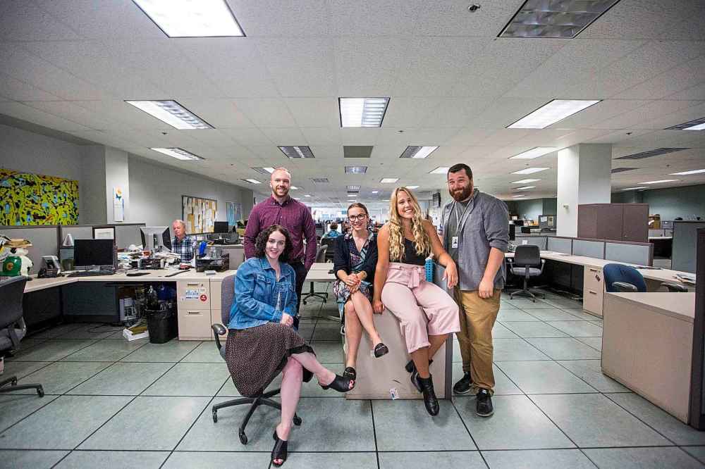 MIKAELA MACKENZIE / WINNIPEG FREE PRESS FILES
Winnipeg Free Press 2019 summer interns from left: Caitlyn Gowriluk, Nicholas Frew, Nadya Pankiw, Devon Shewchuk, and Sasha Sefter,