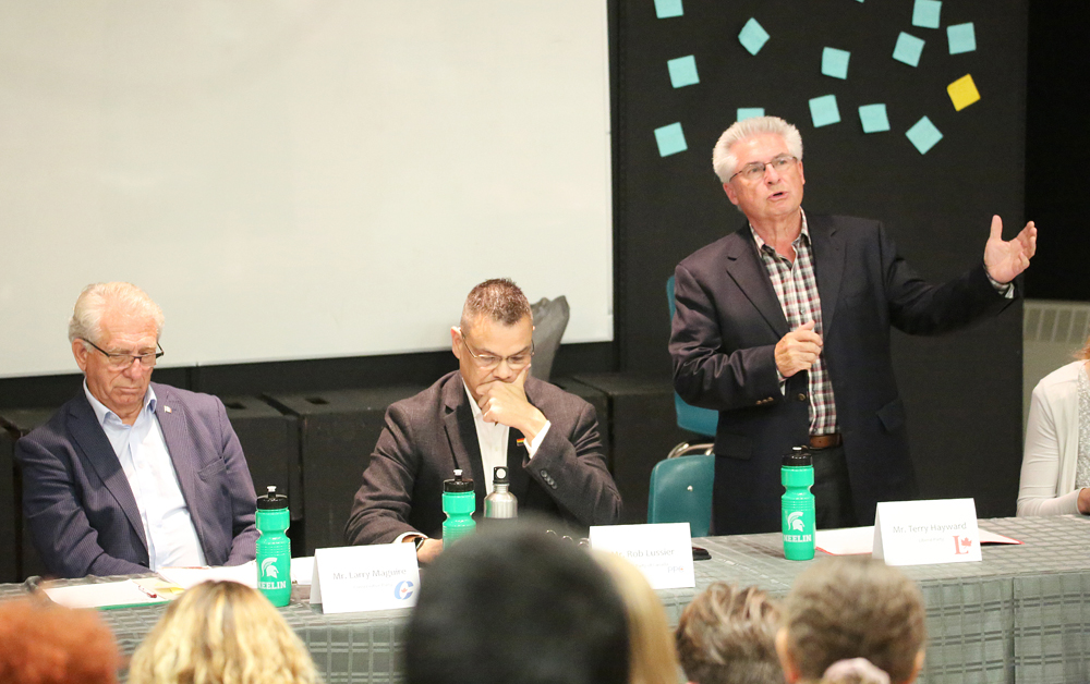 Liberal party candidate Terry Hayward speaks during the Brandon-Souris candidate forum on Tuesday. (Drew May/ The Brandon Sun)