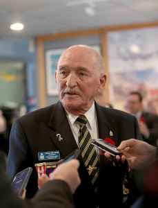 Legion president of the Henderson branch 215, Fred Wilson, talks to the media about the new support that the provincial government is offering for veterans after Premier Brian Pallister holds press conference there on Thursday. (Ruth Bonneville / Winnipeg Free Press)