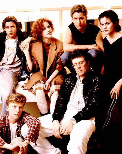 Director John Hughes with cast of the Breakfast Club.