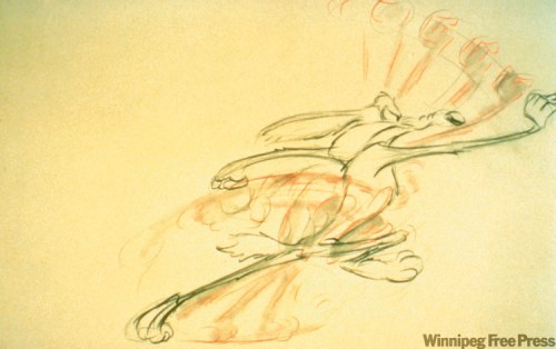 Ken HarrisAnimation drawing of Wile E. Coyote by Ken Harris from the episode Gee Whiz-Z-Z-Z; inset, Bugs Bunny in a Carmen Miranda hat (artist unknown).