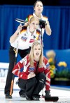 Nathan Denette / the canadian press
Team Canada skip Jennifer Jones, bottom, watches her rock with German lead Stella Heiss, centre, and third Melanie Robillard.