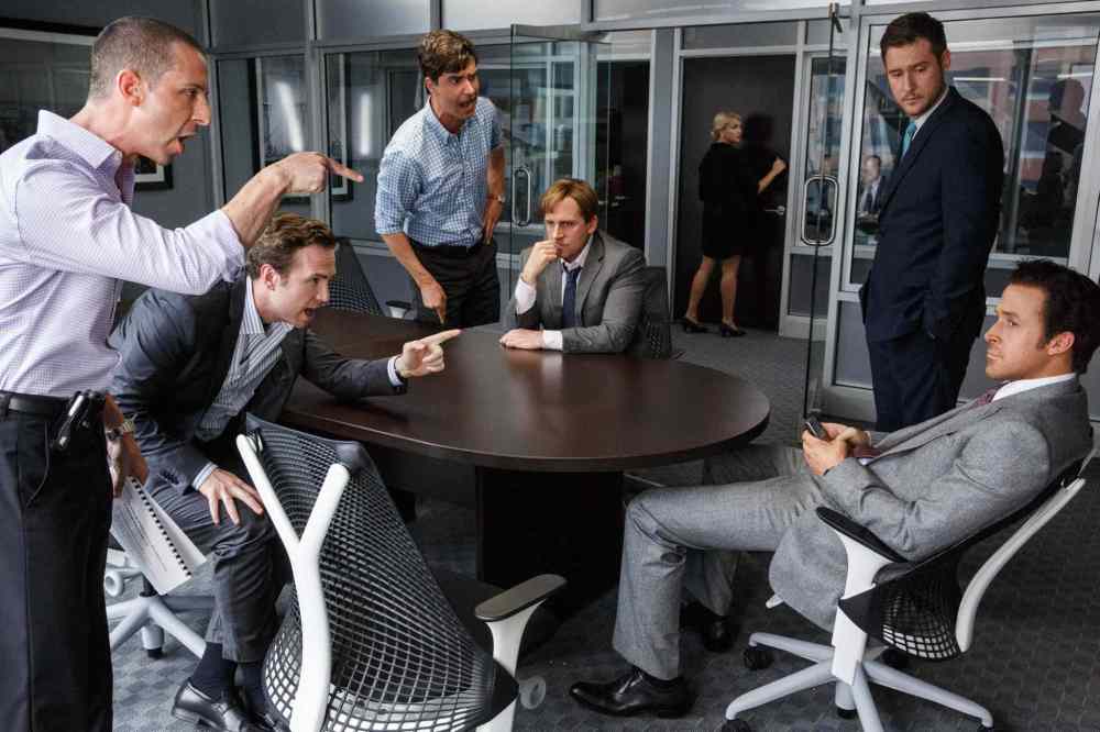 Left to right: Jeremy Strong plays Vinnie Daniel, Rafe Spall plays Danny Moses, Hamish Linklater plays Porter Collins, Steve Carell plays Mark Baum, Jeffry Griffin plays Chris and Ryan Gosling plays Jared Vennett in The Big Short from Paramount Pictures and Regency Enterprises