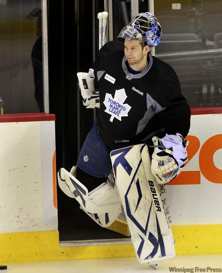 WAYNE GLOWACKI / WINNIPEG FREE PRESS
Maple Leafs goalie James Reimer gets the start tonight. He's looking for more tickets if anyone has some extras....