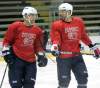 Wayne Glowacki/ Winnipeg Free Press
Andrew Ladd and Eric Fehr talk as they skate at the Iceplex this morning.