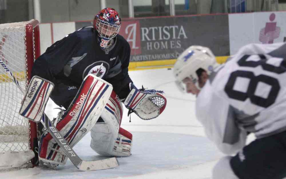 Wayne Glowacki / Winnipeg Free Press
Goaltender Connor Hellebuyck attended the Winnipeg Jets development camp last year. He just signed a three-year entry-level deal with the team worth $925,000 per season in the NHL.