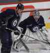 Wayne Glowacki / Free Press files
Winnipeg Jets goalie Al Montoya with defenceman Adam Pardy during a pregame practice last season.