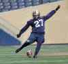 Wayne Glowacki / Winnipeg Free Press
Kicker Lirim Hajrullahu gets some practice kicking with gusting winds today at Investors Group Field. The Blue Bombers will travel to Calgary on Friday in advance of their final game of the season on Saturday at McMahon Field against the Stampeders.