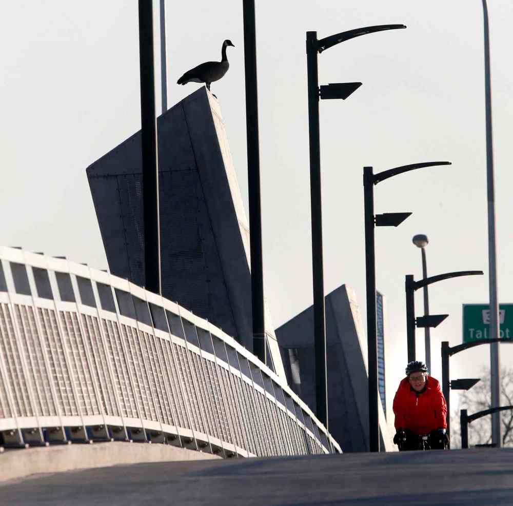 Hi.Ho. Dave Storoschuk was off to work on beautiful Friday morning cycling over the Disraeli Active Transportation Bridge. Wayne Glowacki / Winnipeg Free Press May1 2015