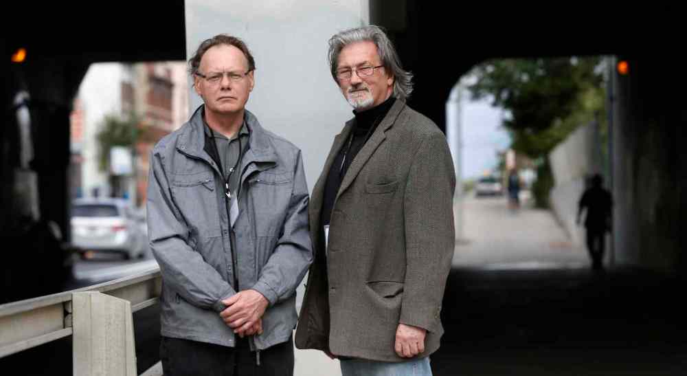 WAYNE GLOWACKI / WINNIPEG FREE PRESS
Al Wiebe (right) and Joe Hatch, who once lived on the streets, are helping track the city's homeless.