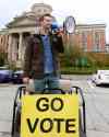 Wayne Glowacki / Winnipeg Free Press
Jeremiah Kopp, president of the University of Manitoba, encouraging students to vote at the polling station at Pembina Hall Student Lounge on the campus.