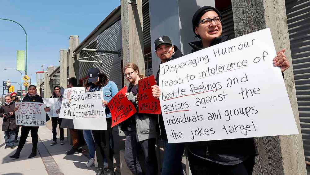 Protesters gathered outside the CITI FM studio in 2016 calling for Dave Wheeler's termination in response to offensive videos posted on YouTube. (WAYNE GLOWACKI / WINNIPEG FREE PRESS FILES)