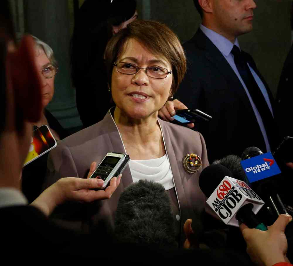 WAYNE GLOWACKI / WINNIPEG FREE PRESS
Interim NDP leader Flor Marcelino after the reading of the Throne Speech in the Manitoba Legislature Monday.