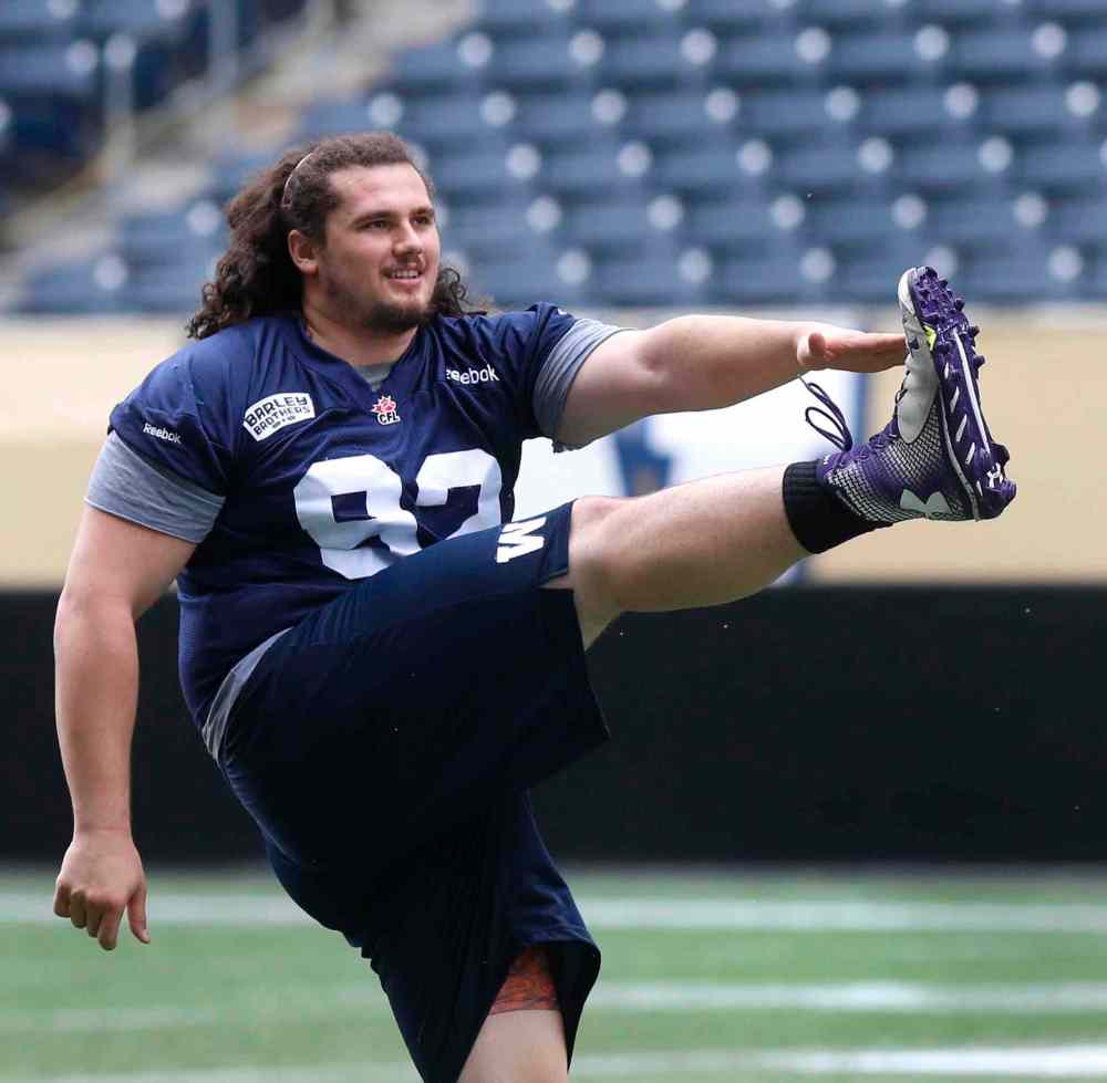 WAYNE GLOWACKI / WINNIPEG FREE PRESS
#92 Defensive lineman Rupert Butcher at the Winnipeg Blue Bomber rookie camp at IGF Friday morning.