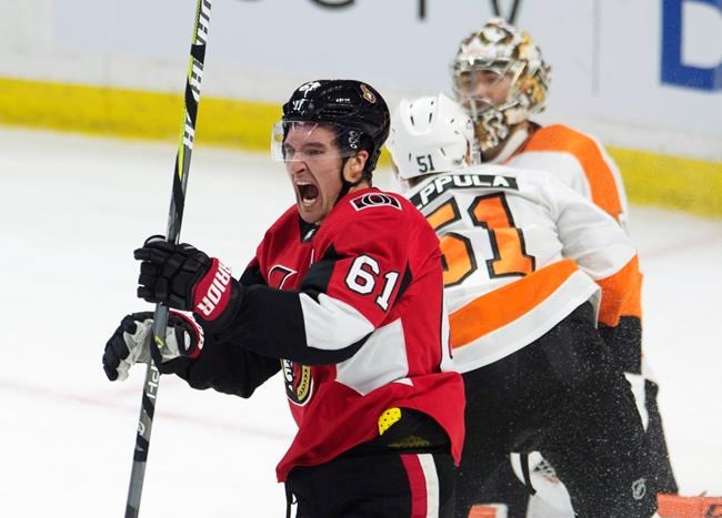 THE CANADIAN PRESS FILES
Ottawa Senators right wing Mark Stone reacts after scoring on Philadelphia Flyers goalie Michal Neuvirth during second period NHL action Thursday October 26, 2017 in Ottawa.