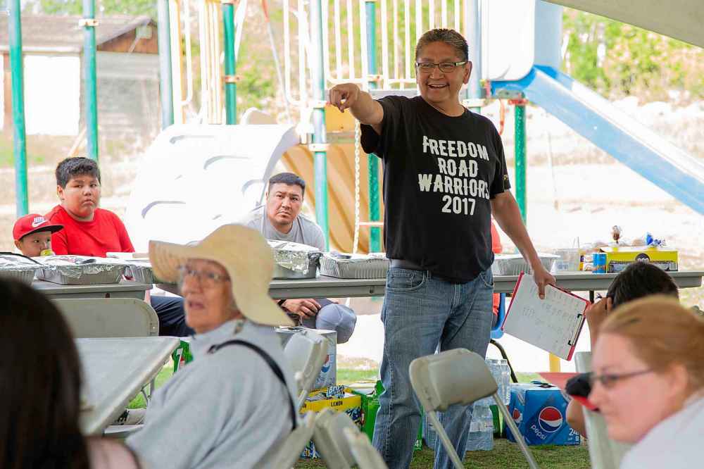 GREG GALLINGER / Winnipeg Free Press
Erwin Redsky addresses the crowd at Shoal Lake 40 First Nation's Freedom Road celebration on June 5.