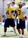 KEN GIGLIOTTI / WINNIPEG FREE PRESS
Bombers QB Buck Pierce, his injured right knee braced, wasn't practising with the team Tuesday. Steven Jyles (3) will take over the starting quarterback spot Saturday against the Eskimos at Canad Inns Stadium.