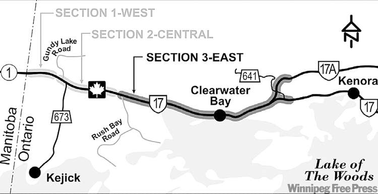 The Ontario government is weighing a route for twinning of the Trans-Canada Highway from Kenora to Rush Bay Road.