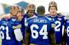 JANEK LOWE / WINNIPEG FREE PRESS
Leatherheads: The Bombers' O-line (from left) Luke Fritz, Brendan LaBatte, Kelly Butler, Chris Greaves and Steve Morley donned old-time headgear Thursday.