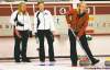 BORIS.MINKEVICH@FREEPRESS.MB.CA
Cathy Overton­ Clapham (left) and teammate Breanne Meakin watch opponent Chelsea Carey call a shot during the Manitoba Lotteries Women’s Curling Classic.