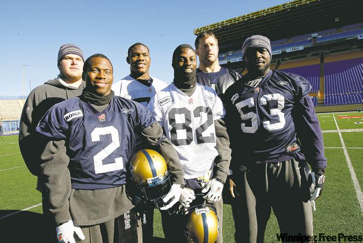 KEN GIGLIOTTI / WINNIPEG FREE PRESS
From left: Winnipeg award nominees Brendon LaBatte, Jovan Johnson, Andre Douglas, Terrence Edwards, Doug Brown and Phillip Hunt.