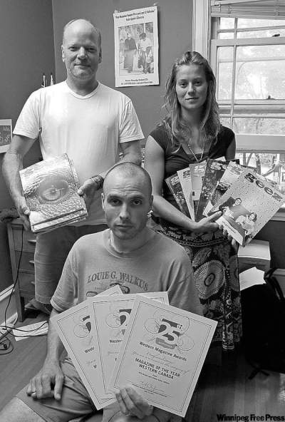DAVID LIPNOWSKI / WINNIPEG FREE PRESS archives
From left: Aiden Enns, Will Braun and Michelle Elrick of Geez magazine at their office in 2007.