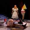 Wayne Glowacki / Winnipeg Free Press 
Gwendolyn Collins (centre) as Alice, Tristan Carlucci (left) and Aaron Pridham as Tweedledee  and Tweedledum in RMTC's all-Winnipeg production of Alice Through the Looking Glass.