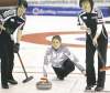 TREVOR HAGAN / WINNIPEG FREE PRESS
Skip Kerri Einarson, with lead Alison Harvey (right) and second Susan Baleja lost bid to finish first, but won two tiebreakers to stay alive.