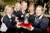 TREVOR HAGAN / WINNIPEG FREE PRESS 
(From left), coach Cathy Gauthier joins Raunora Westcott, Leslie Wilson, Karen Fallis and Cathy Overton-Clapham in celebrating Sunday's provincial Scotties victory.