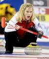 REUTERS
Team Canada skip Jennifer Jones shouts at her sweepers during game against Nova Scotia Thursday at the Scotties Tournament of Hearts Canadian women's curling championship in Charlottetown.