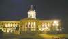 DAVID LIPNOWSKI / WINNIPEG FREE PRESS  archives
The Manitoba legislature, seen during last year's Earth Hour (below) and with the lights turned back on afterward (above).