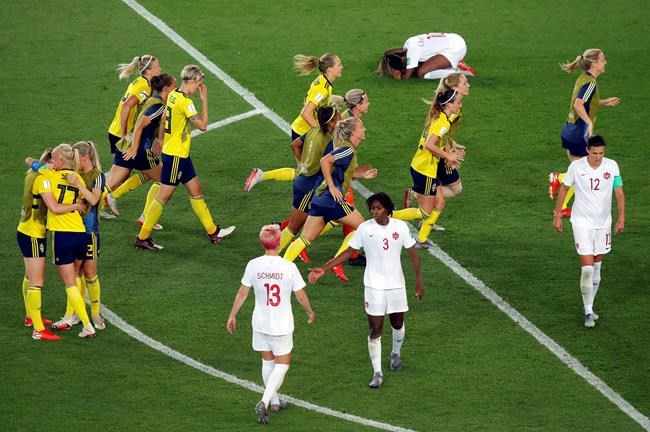 Sweden players run to their goalkeeper celebrating at the end of the Women's World Cup round of 16 soccer match between Sweden and Canada at the Parc des Princes in Paris, France, Monday, June 24, 2019. Sweden won 1-0. (AP Photo/Michel Euler)