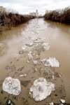 DAVID LIPNOWSKI / WINNIPEG FREE PRESS
Ice flows down the Assiniboine River Sunday afternoon, as seen from the Midtown Bridge.