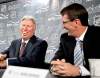 WAYNE.GLOWACKI@FREEPRESS.MB.CA 
Pierre Blouin and Mark Chipman (from left) announce  deal that will see arena name remain unchanged.