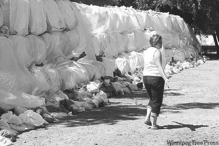 Leanne Rowat, MLA for Minnedosa, walks by sandbag protection at the Souris swimming pool which is threatened by flooding from the Souris River and Plum Creek on June 29.