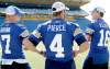 Pierce and the men who may yet replace him, backups Alex Brink and Joey Elliott, chat at practice Thursday.