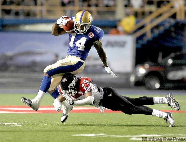 RUTH BONNEVILLE / WINNIPEG FREE PRESS archives
Will Bombers receiver Terence Jeffers-Harris be able to break tackles against a struggling Lions secondary?