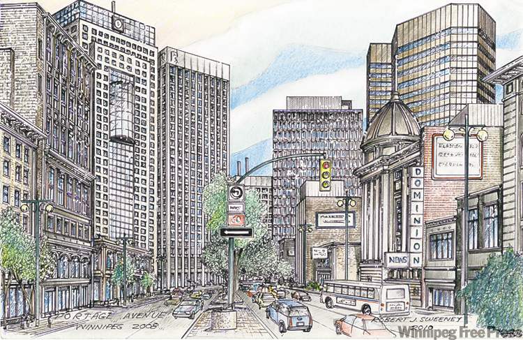 Robert Sweeney's meticulous sketches of Winnipeg's streets and buildings reveal the city's charms. This sketch is looking east on Portage Avenue.